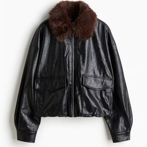H&M Black Leather Jacket with Brown Fur Collar